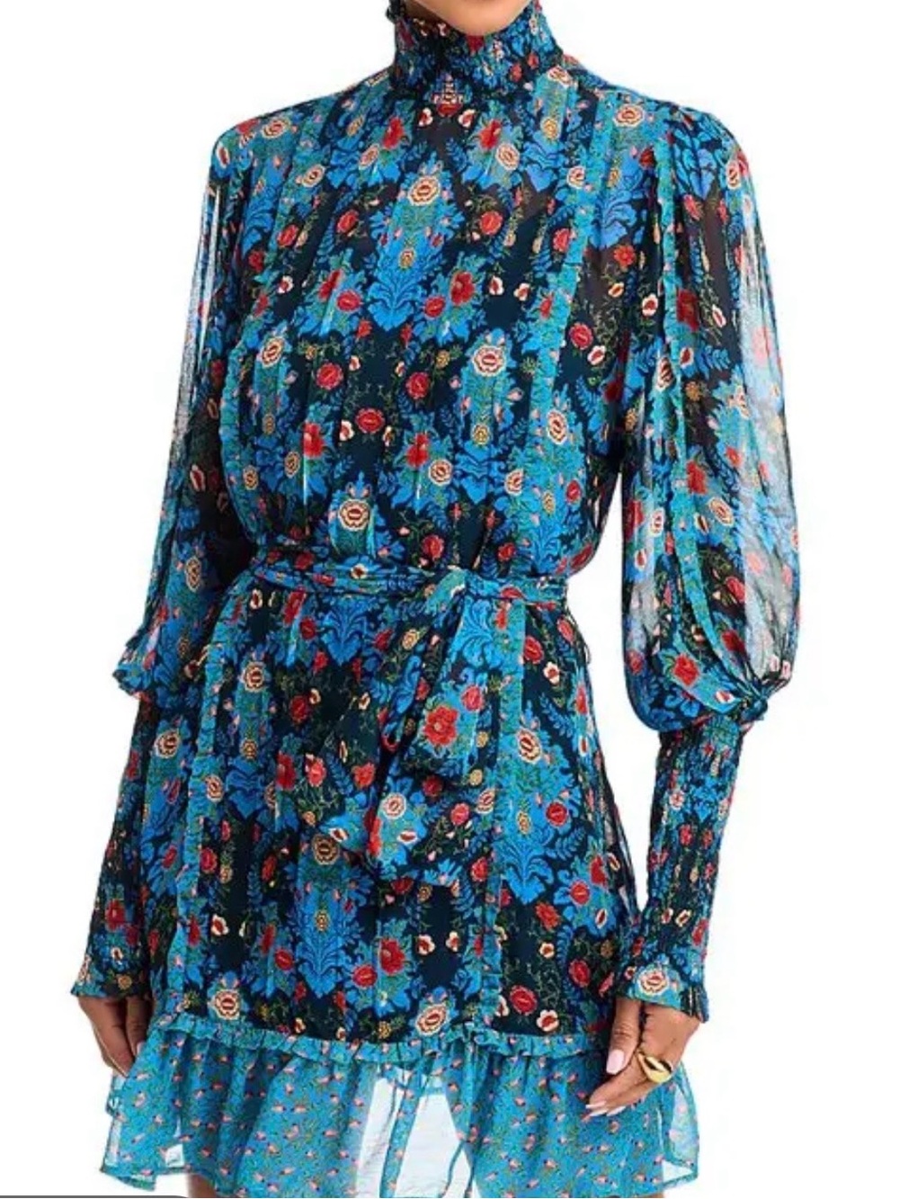 Farm Rio Blue Floral High-Neck Belted Mini Dress